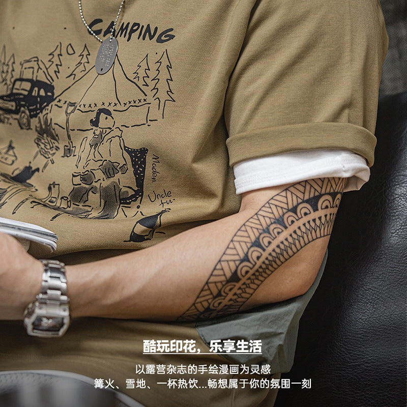 馬登工裝山系戶外趣味印花短袖T恤露營設計感短袖上衣男-Retro's Wear