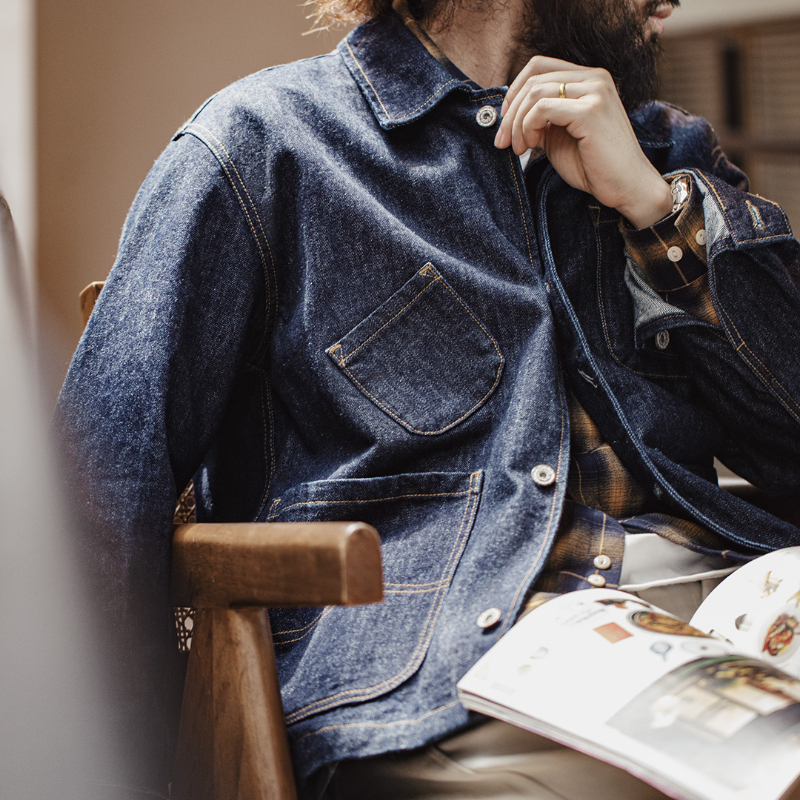 復古四袋牛仔夾克翻領丹寧阿美咔嘰多口袋外套男秋-Retro's Wear