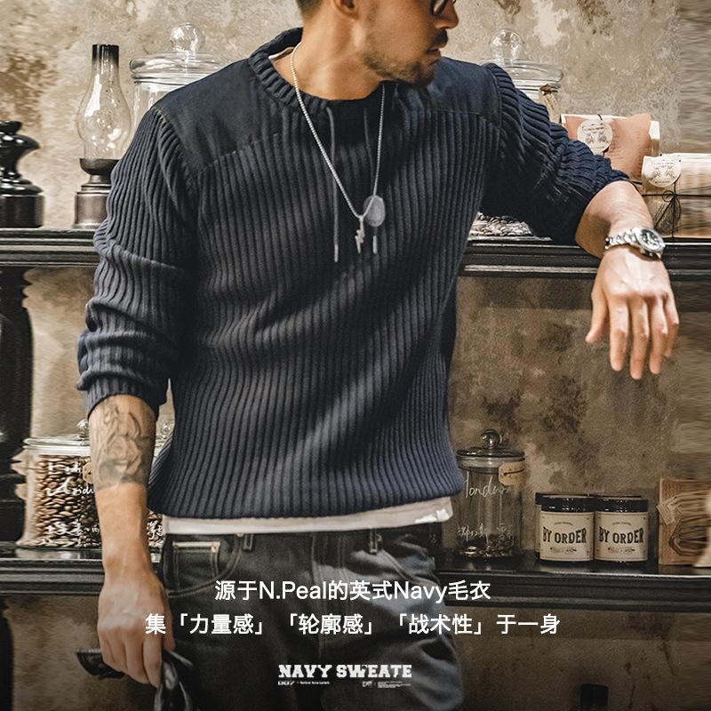 美式豎條紋拼接毛衣圓領修身硬漢風戰術針織衫男秋-Retro's Wear