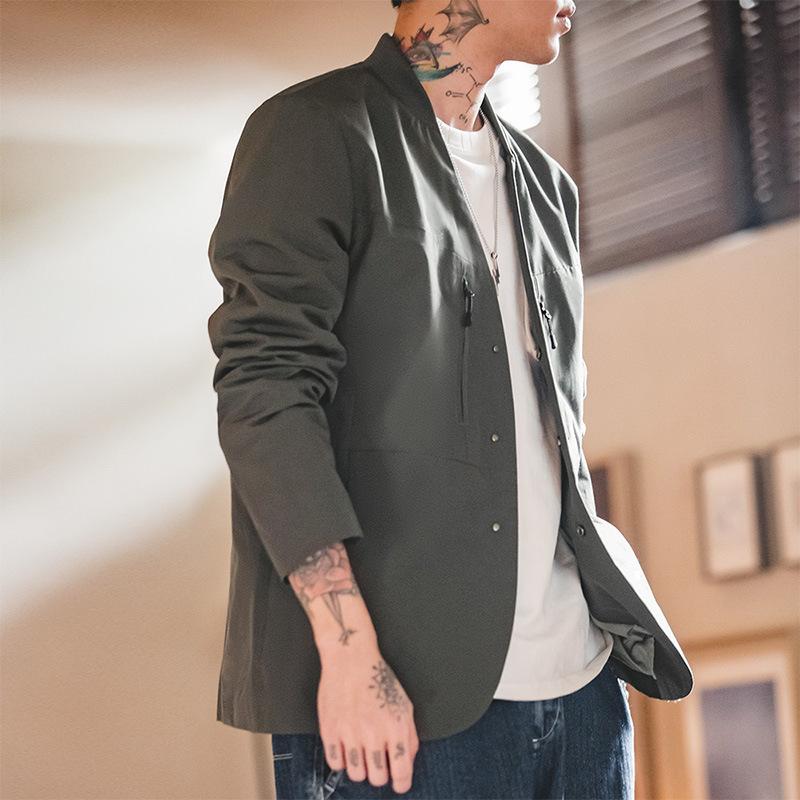 美式休閑無領灰色西裝夾克機能西服通勤百搭單西外套男春-Retro's Wear