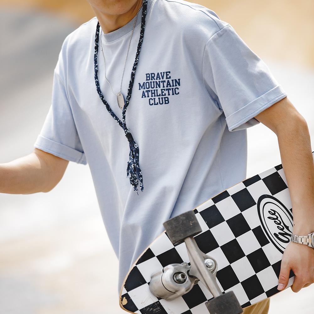 美式休閑馬卡龍色短袖t恤植絨字母印花全棉圓領體恤男夏-Retro's Wear