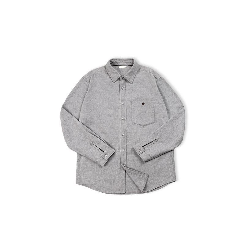 美式休閑法蘭絨全棉襯衫灰色商務通勤磨毛長袖襯衣男秋-Retro's Wear