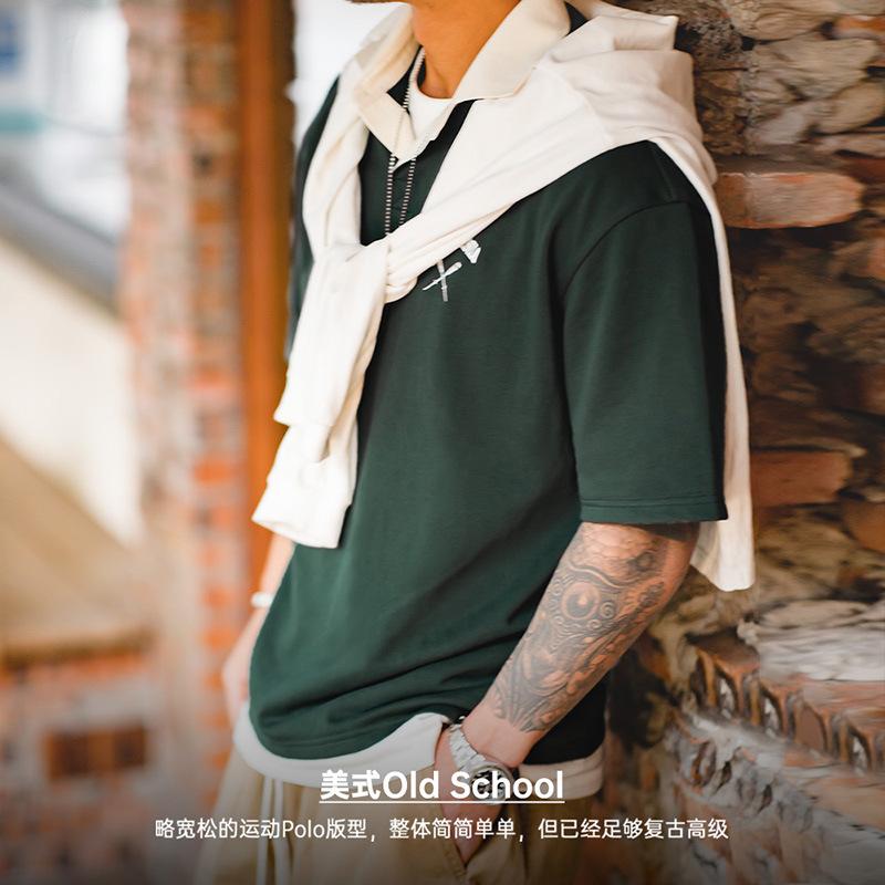 撞色polo領短袖美式刺繡打底衫學院風翻領半袖t恤男-Retro's Wear