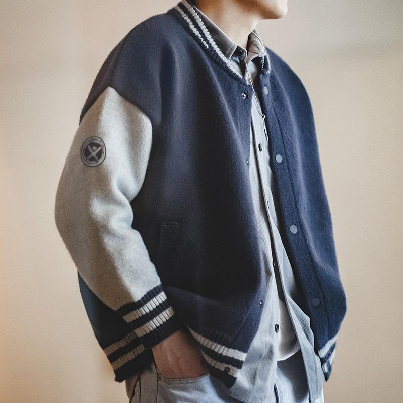 馬登工裝美式休閑針織撞色棒球服夾克常春藤學院風開衫外套男秋冬