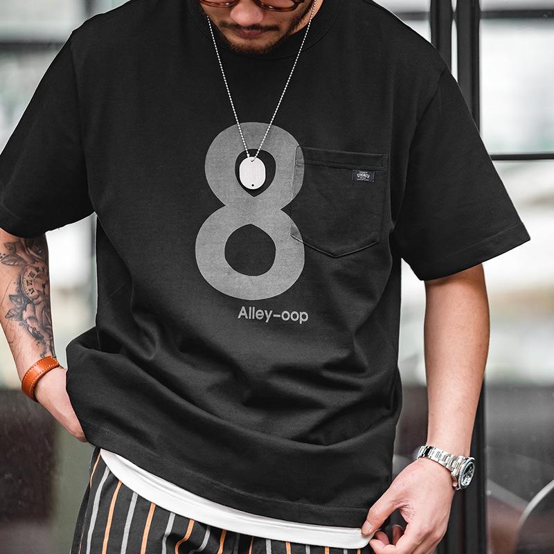 馬登工裝美式300G 8號數字T恤黑色oversize透氣短袖男夏季