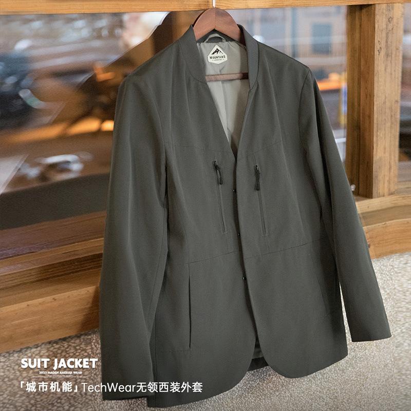 美式休閑無領灰色西裝夾克機能西服通勤百搭單西外套男春-Retro's Wear