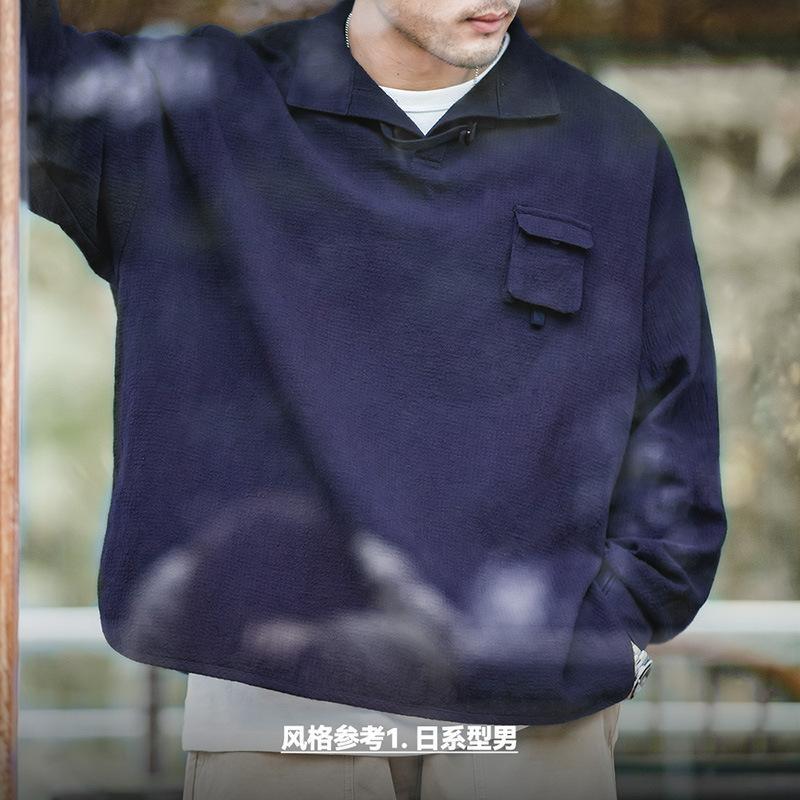 肌理感polo衫男士全棉翻領襯衫廓形寬松長袖上-Retro's Wear