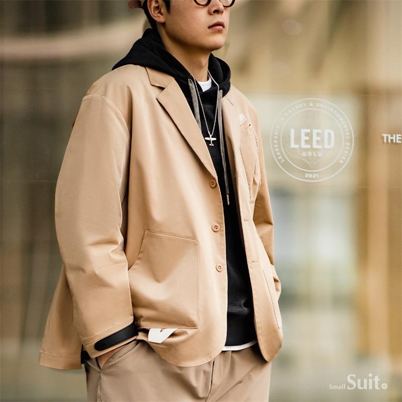 美式休閑戧駁領小西裝夾克多口袋機能寬松西服外套男春-Retro's Wear