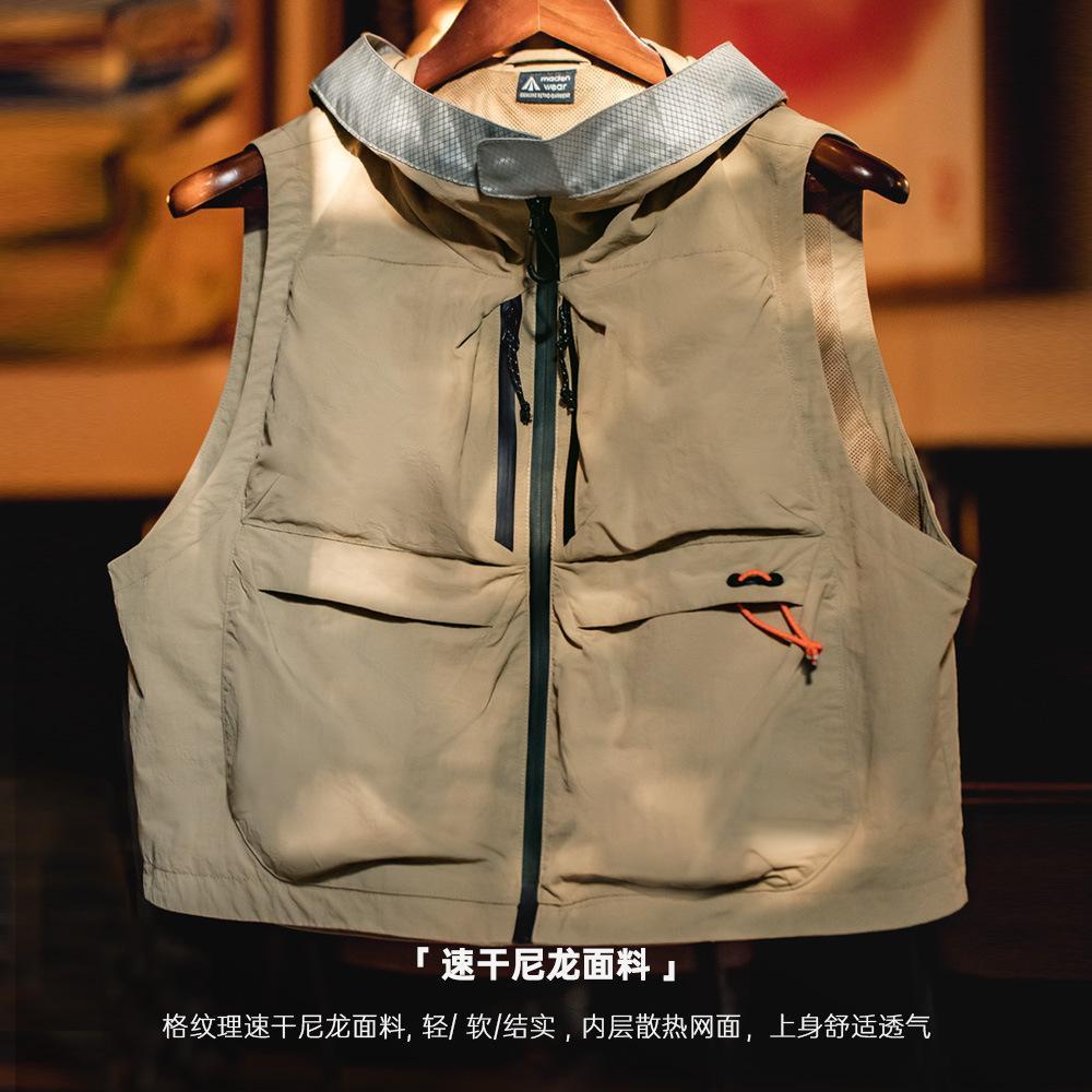 山系機能多口袋連帽馬甲戶外露營釣魚無袖坎肩速干背心-Retro's Wear