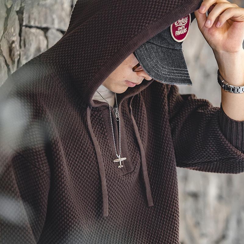 美式休閑半拉鏈菠蘿紋針織衫連帽立體加厚套頭毛衣男秋-Retro's Wear