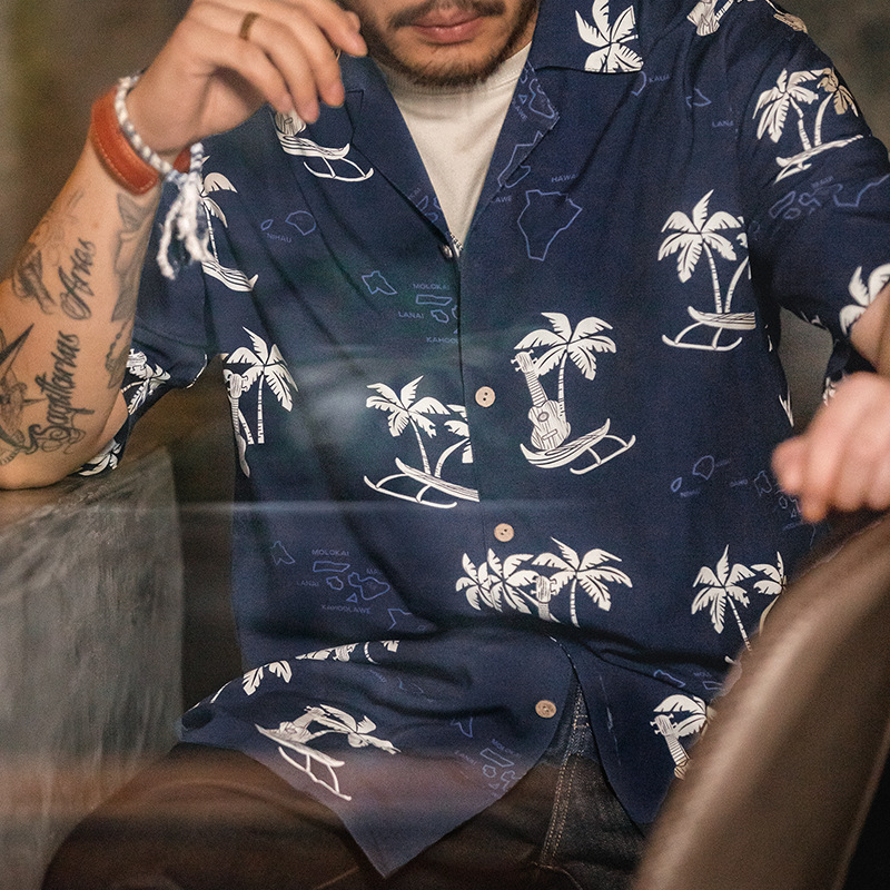 馬登工裝美式復古巴領椰樹沙灘襯衫短袖夏威夷海邊度假印花襯衣男