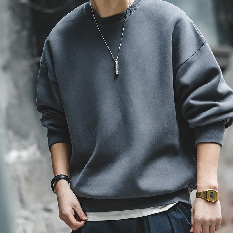 灰色落肩太空棉衛衣空氣層無帽圓領外套頭男潮-Retro's Wear