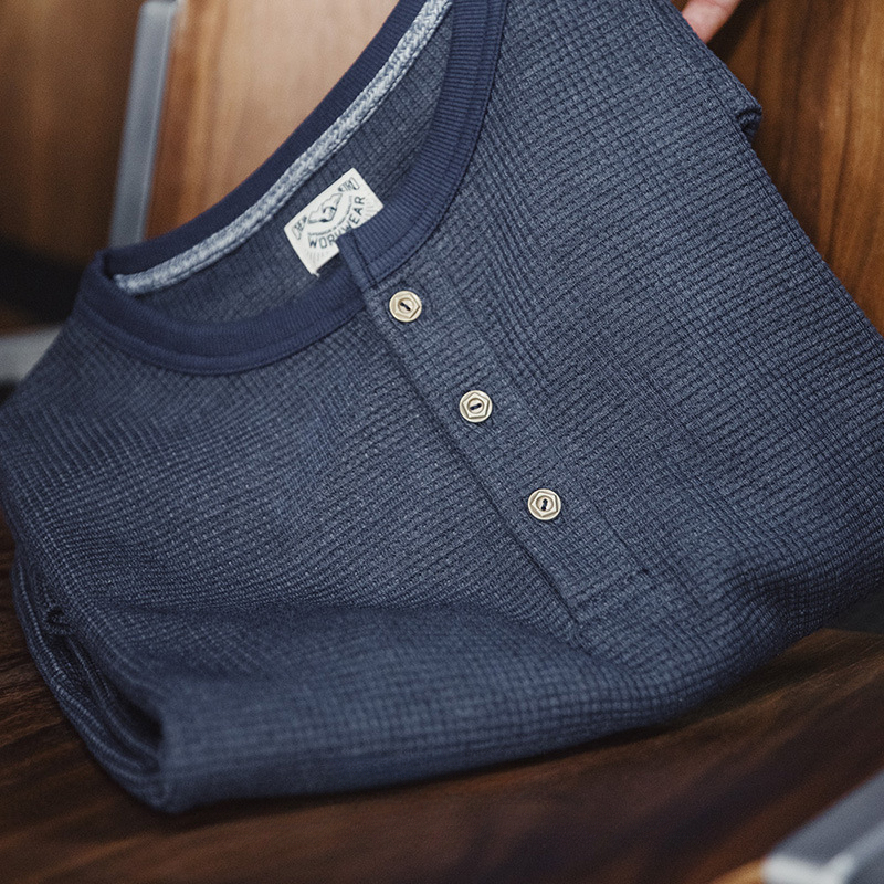 美式復古華夫格針織亨利衫修身阿美咔嘰純色長袖T恤男秋-Retro's Wear