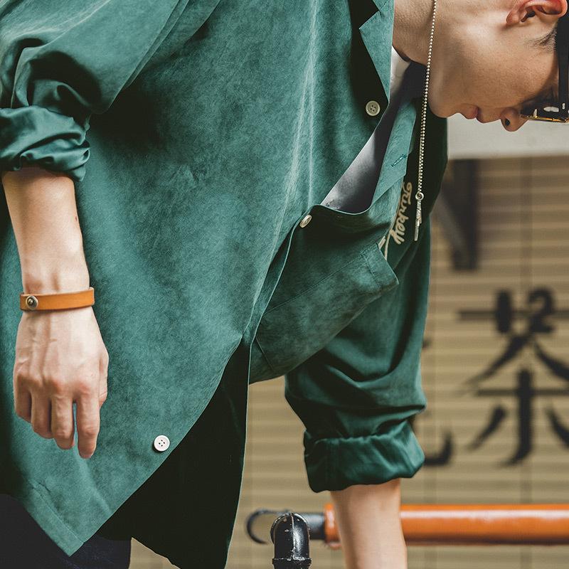 馬登工裝美式墨綠保齡球古巴領襯衫磨毛寬松桃皮打底男潮-Retro's Wear