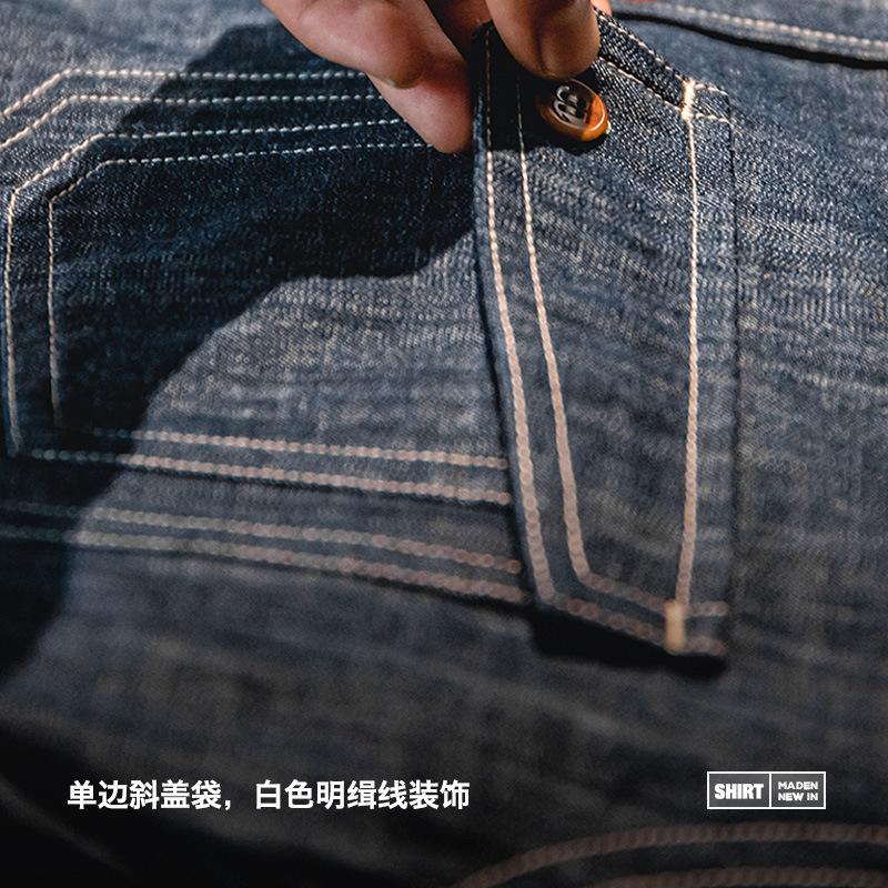 馬登工裝美式疊穿長袖丹寧牛仔襯衫內搭阿美哢嘰硬漢襯衣男士-Retro's Wear