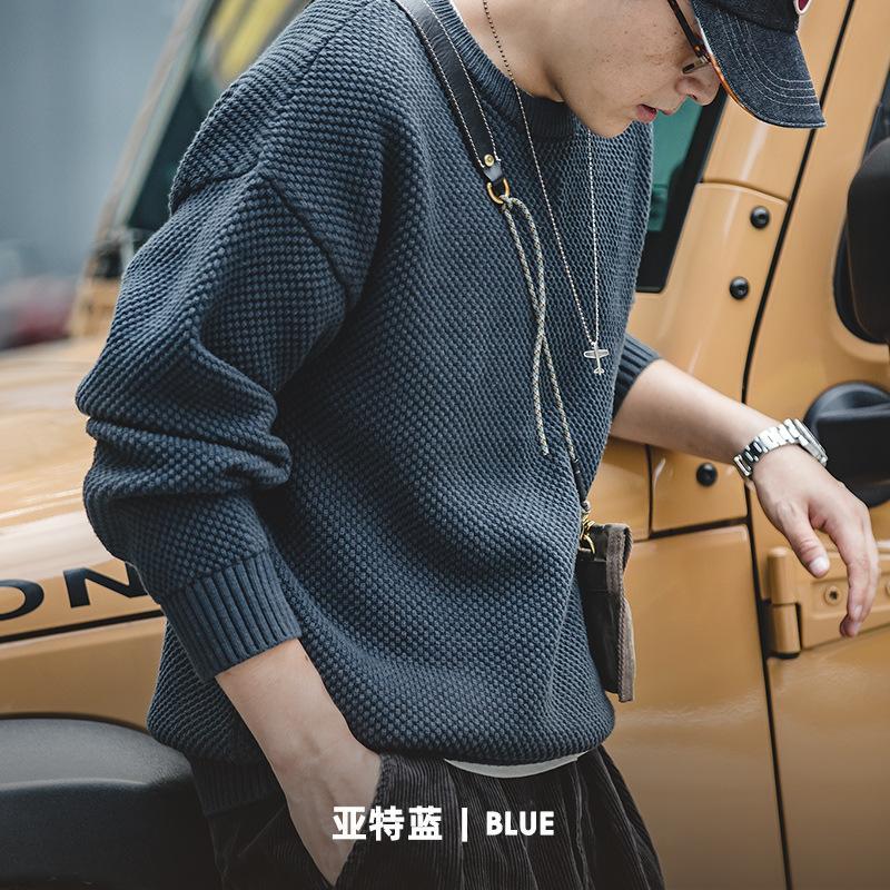 馬登工裝灰色鳳梨紋粗毛衣加厚實圓領落肩針織衫男秋-Retro's Wear