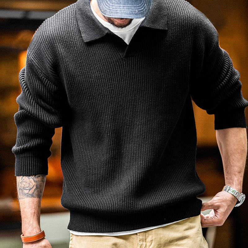 美式翻領polo衫寬松慵懶套頭坑條針織衫毛衣男秋冬-Retro's Wear