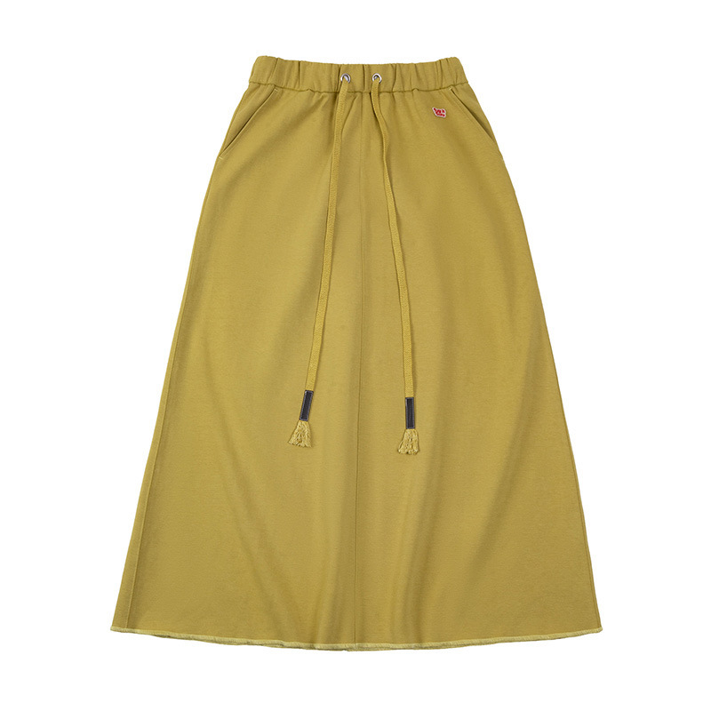 日系復古抽繩半身長裙高腰A字裙中長款休閒慵懶衛衣裙夏-Retro's Wear