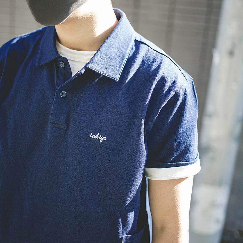 馬登工裝藍染POLO衫有領短袖純色棉夏季翻領T恤上衣男-Retro's Wear