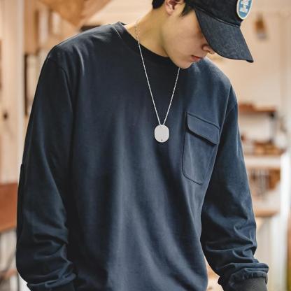 馬登工裝麂皮絨拼接貼布棉長袖T恤寬鬆落肩圓領衛衣男-Retro's Wear