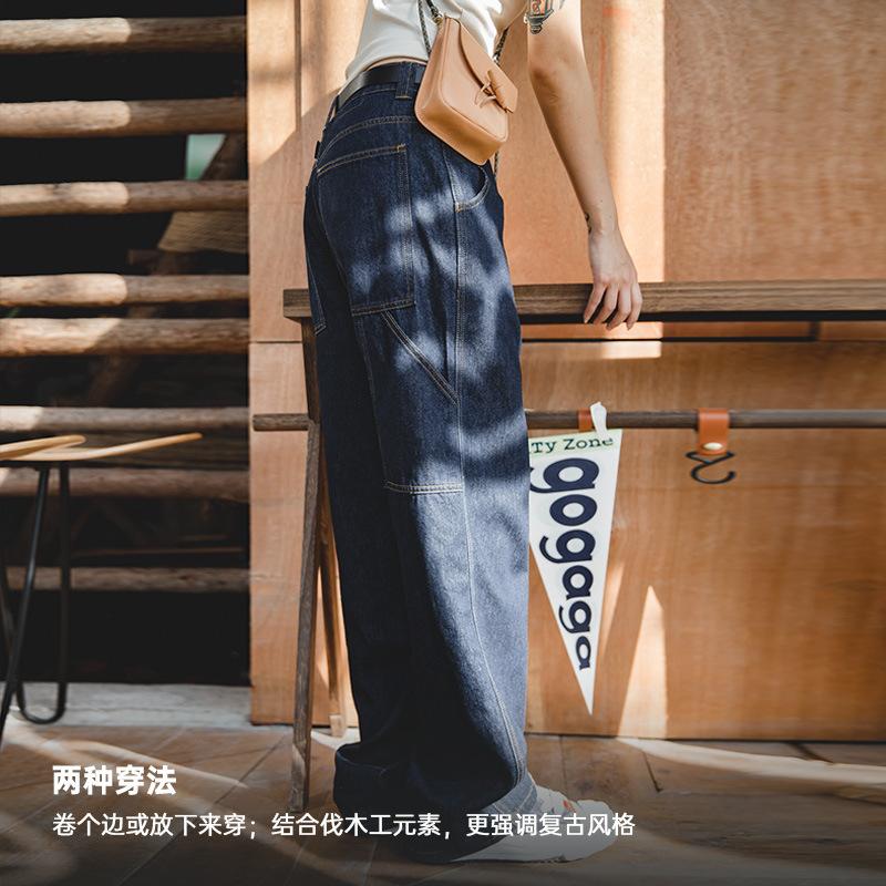 馬登女裝美式拖地闊腿丹寧牛仔褲慵懶寬松顯瘦直筒伐木工裝褲-Retro's Wear