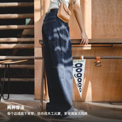 馬登女裝美式拖地闊腿丹寧牛仔褲慵懶寬松顯瘦直筒伐木工裝褲-Retro's Wear