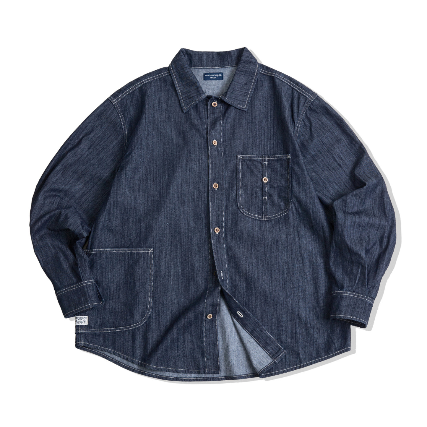 美式復古水洗丹寧牛仔襯衫大口袋輯明線寬鬆長袖襯衣男-Retro's Wear