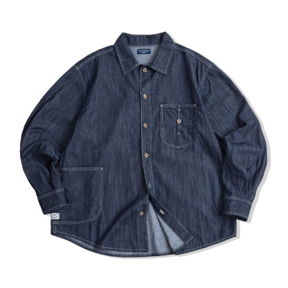 美式復古水洗丹寧牛仔襯衫大口袋輯明線寬鬆長袖襯衣男-Retro's Wear
