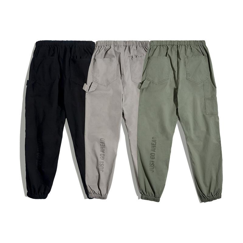 馬登工裝美式休閒印花中腰黑色工裝褲抽繩鬆緊腰微彈束腳褲男潮-Retro's Wear