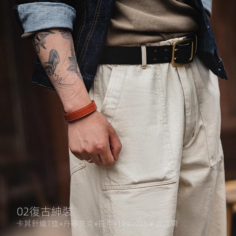 馬登工裝復古棉籽殼米白色休閑牛仔褲耐磨寬松直筒長褲子男秋-Retro's Wear