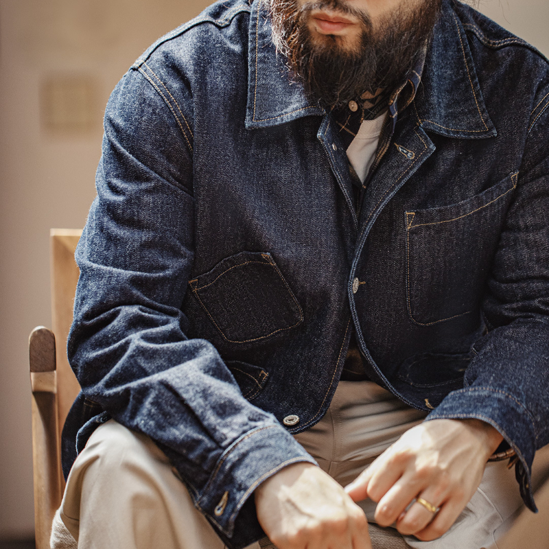 復古四袋牛仔夾克翻領丹寧阿美咔嘰多口袋外套男秋-Retro's Wear