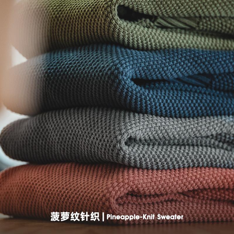 馬登工裝灰色鳳梨紋粗毛衣加厚實圓領落肩針織衫男秋-Retro's Wear