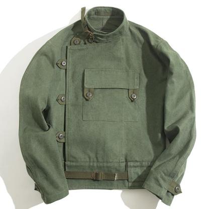馬登工裝vintage瑞典機車夾克阿美哢嘰棉洗水軍綠色外套男-Retro's Wear