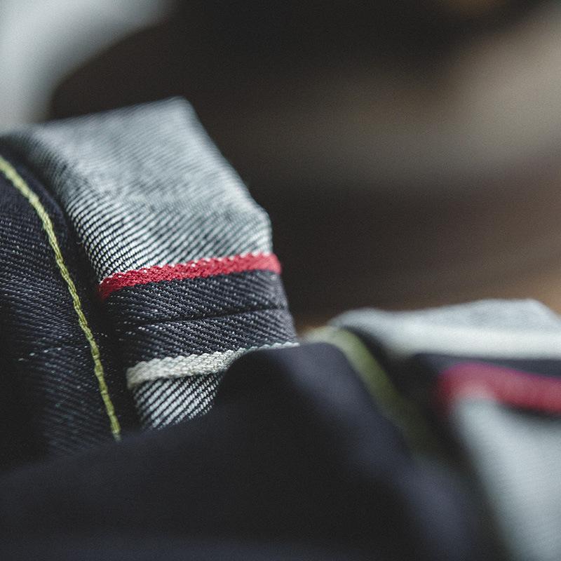 馬登工裝雙赤耳修身直筒原牛刺繡原色丹寧卷邊牛仔褲男-Retro's Wear