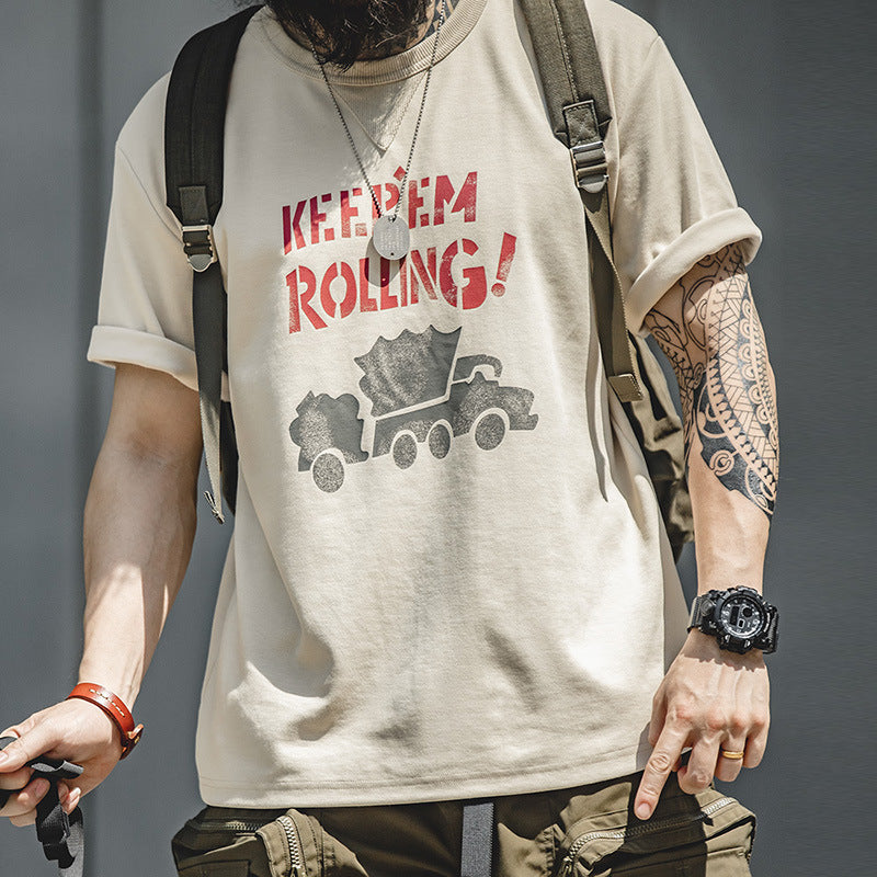 美式塗鴉字母印花短袖混紡圓領杏色小眾T恤男夏-Retro's Wear