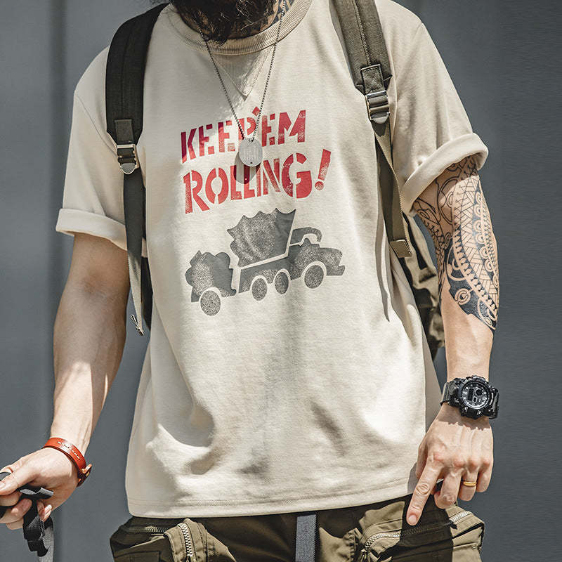 美式塗鴉字母印花短袖混紡圓領杏色小眾T恤男夏-Retro's Wear