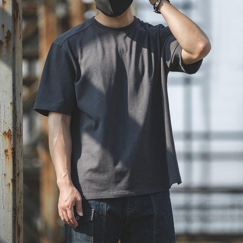 馬登工裝寬鬆圓領深灰色短袖厚實哢嘰夏純色潮半袖T恤男-Retro's Wear
