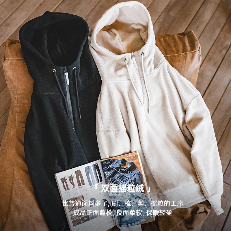 馬登女裝秋冬軟糯搖粒加絨拉鏈套頭衫正肩純黑色長袖連帽衛衣-Retro's Wear