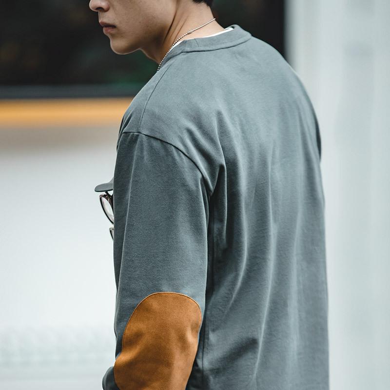 馬登工裝麂皮絨拼接貼布棉長袖T恤寬鬆落肩圓領衛衣男-Retro's Wear