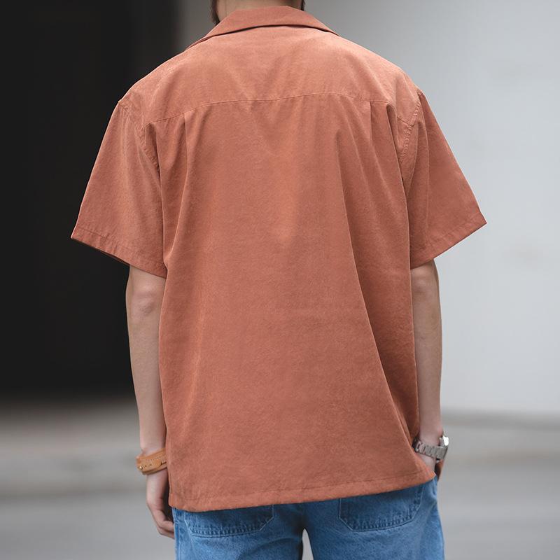 馬登工裝美式寬鬆古巴領短袖襯衫阿美哢嘰春夏疊穿V領襯衣男-Retro's Wear