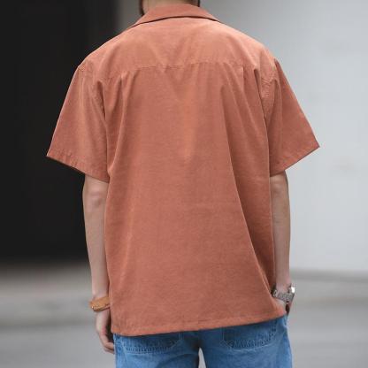 馬登工裝美式寬鬆古巴領短袖襯衫阿美哢嘰春夏疊穿V領襯衣男-Retro's Wear