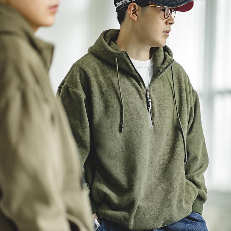 馬登工裝軍綠色搖粒絨連帽衛衣加絨打底疊穿外套頭男秋冬-Retro's Wear