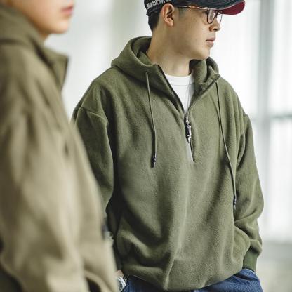 馬登工裝軍綠色搖粒絨連帽衛衣加絨打底疊穿外套頭男秋冬-Retro's Wear