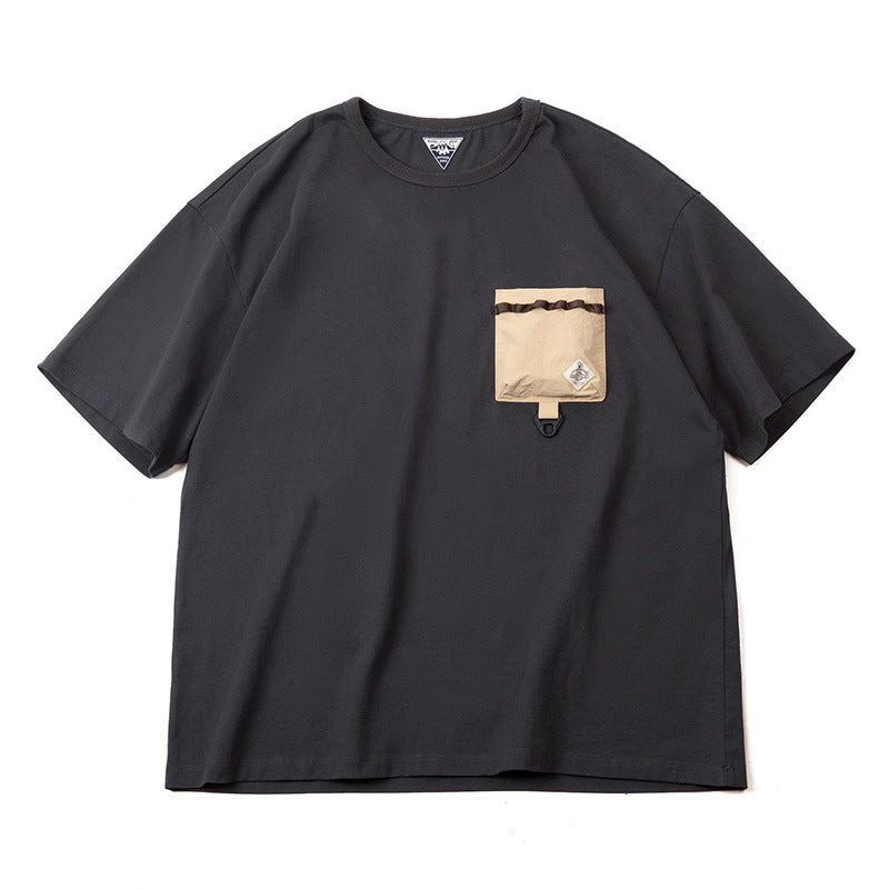 馬登女裝美式休閑戶外機能風短袖T恤夏季純棉口袋撞色體恤拼接Tee-Retro's Wear