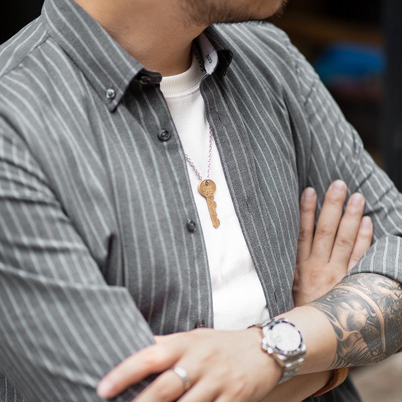 馬登工裝美式著磨毛條紋襯衫休閑長袖上衣男士潮-Retro's Wear