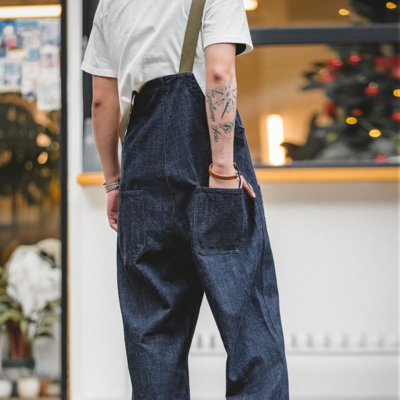 馬登工裝美式甲板背帶褲春秋水洗丹寧赤耳直筒牛仔褲男潮-Retro's Wear