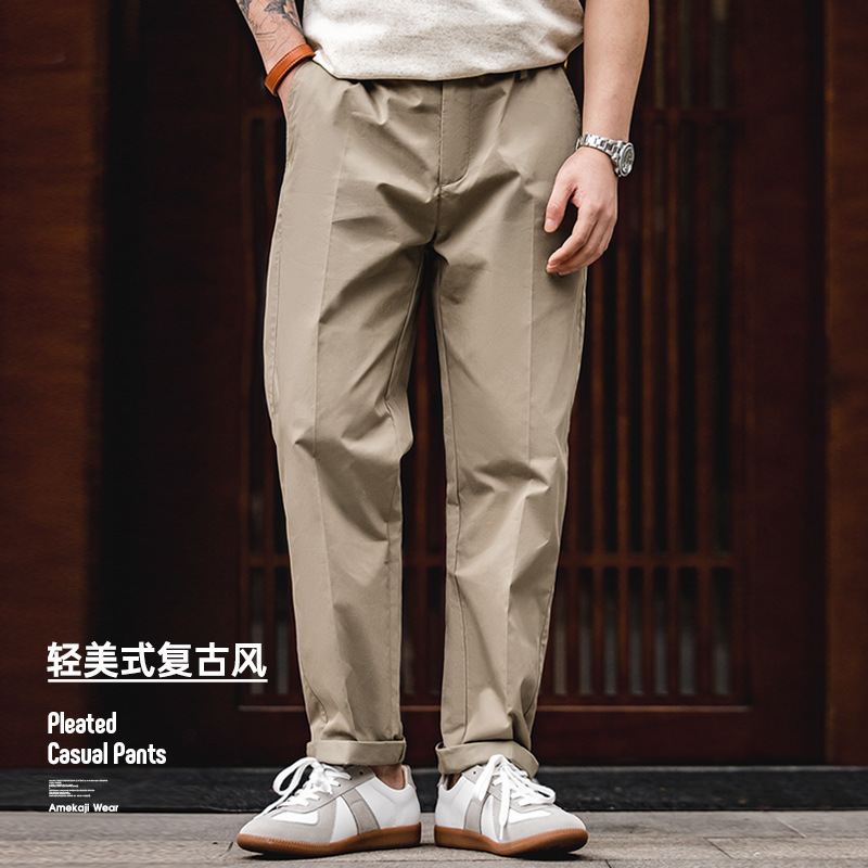 美式復古直筒卡其休閒褲錐形中腰垂感西裝卡其長褲子男薄-Retro's Wear