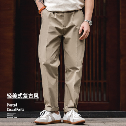 美式復古直筒卡其休閒褲錐形中腰垂感西裝卡其長褲子男薄-Retro's Wear