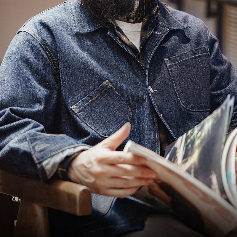 復古四袋牛仔夾克翻領丹寧阿美咔嘰多口袋外套男秋-Retro's Wear