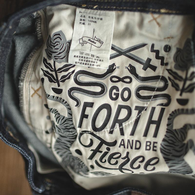 馬登工裝美式直筒丹寧赤耳原牛春秋阿美咔嘰深色牛仔褲男-Retro's Wear